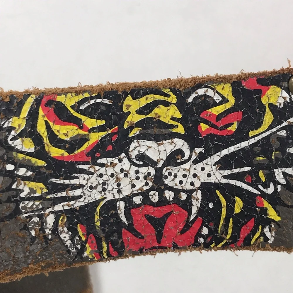 Ed Hardy Distressed Brown Leather Tiger Studded Belt 41